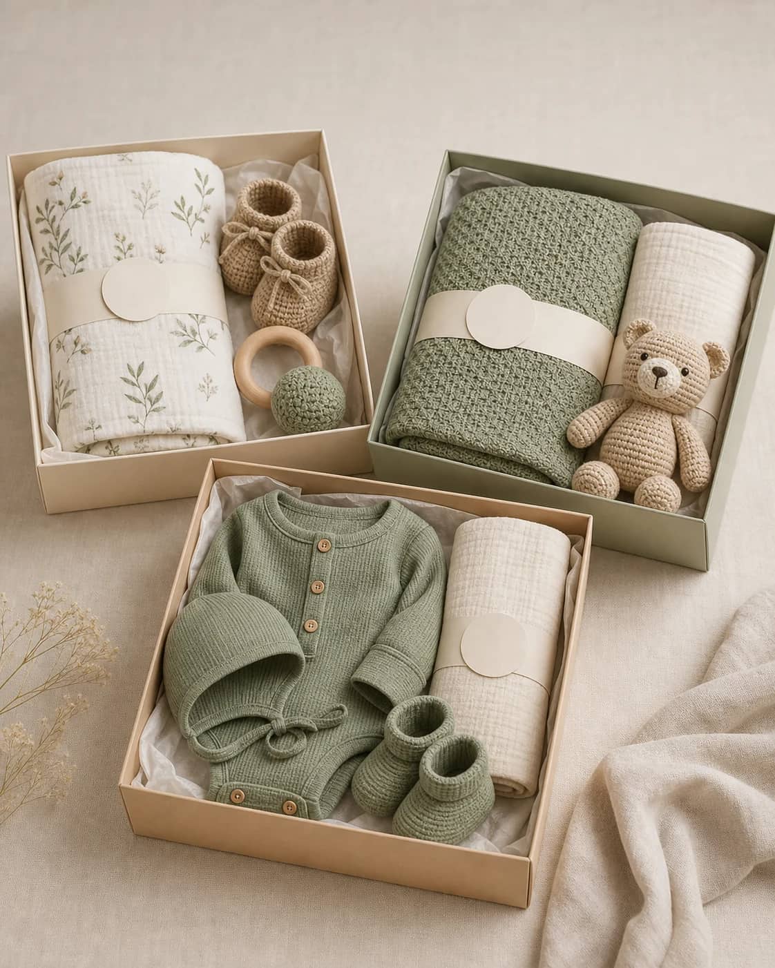 Essential, keepsake and wearable-led newborn gift-set structures