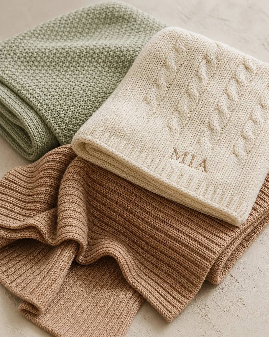 Textured knitted baby blankets suitable for retailer-side name personalization