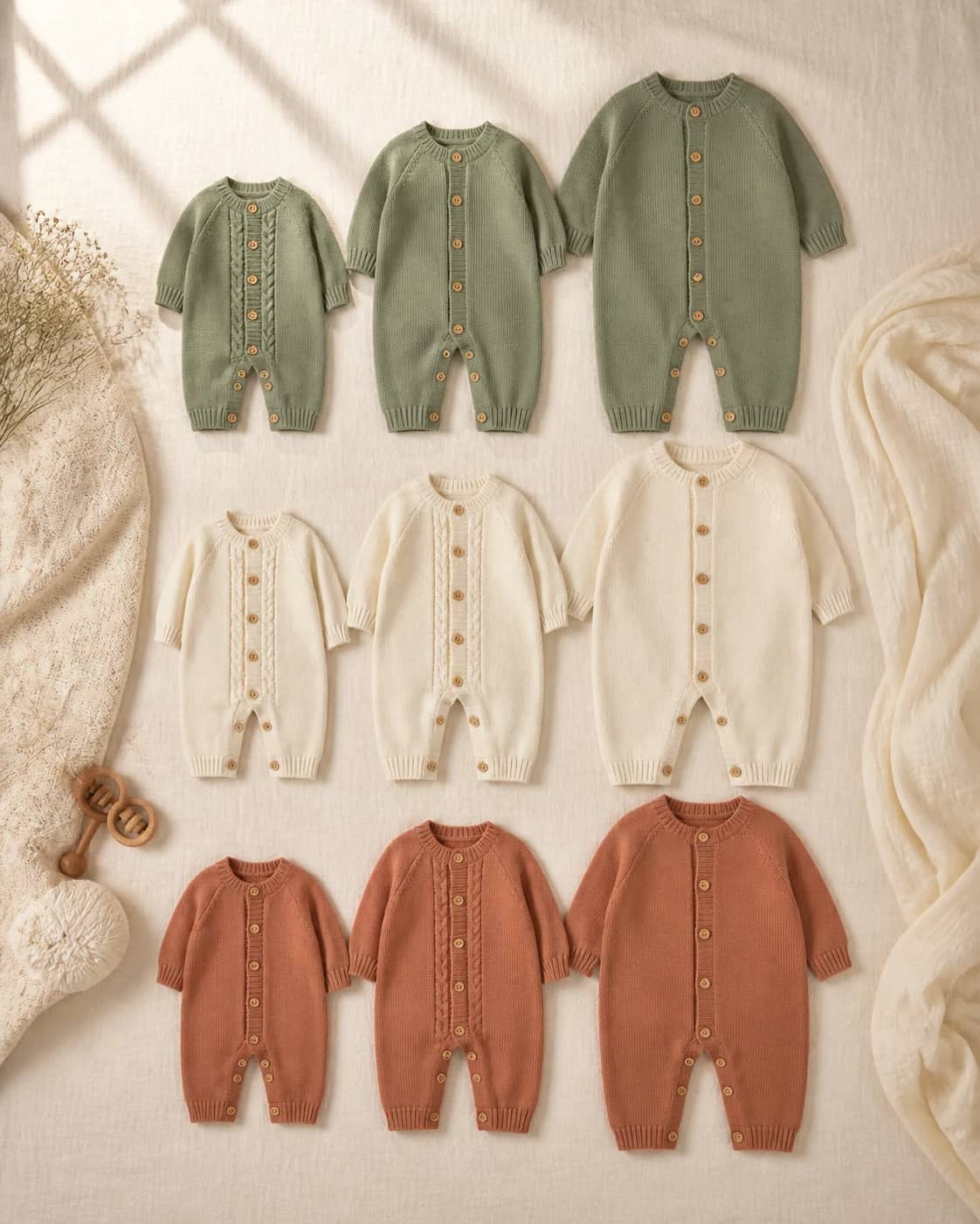 Coordinated baby knitwear romper range in soft natural colors