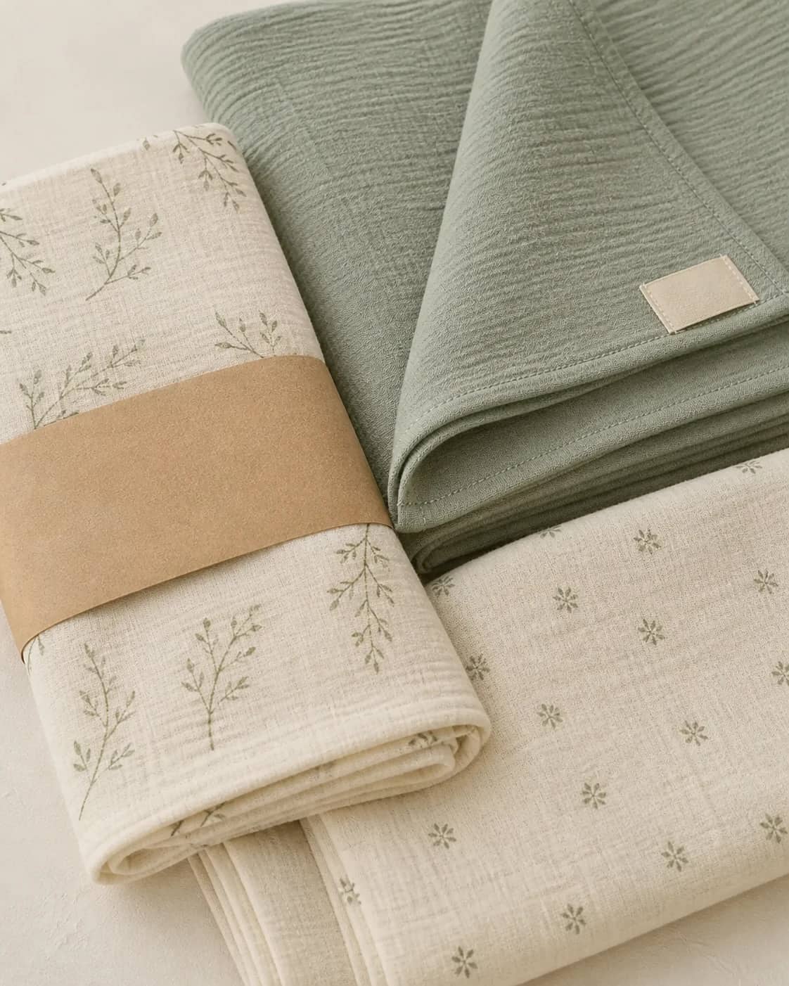 Botanical and solid-color muslin swaddles arranged as a coordinated range