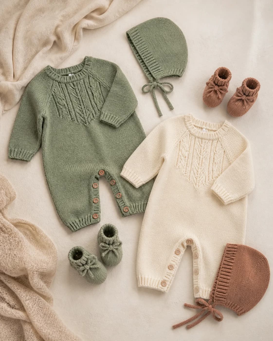 Coordinated baby knitwear assortment in sage, ivory and clay colors