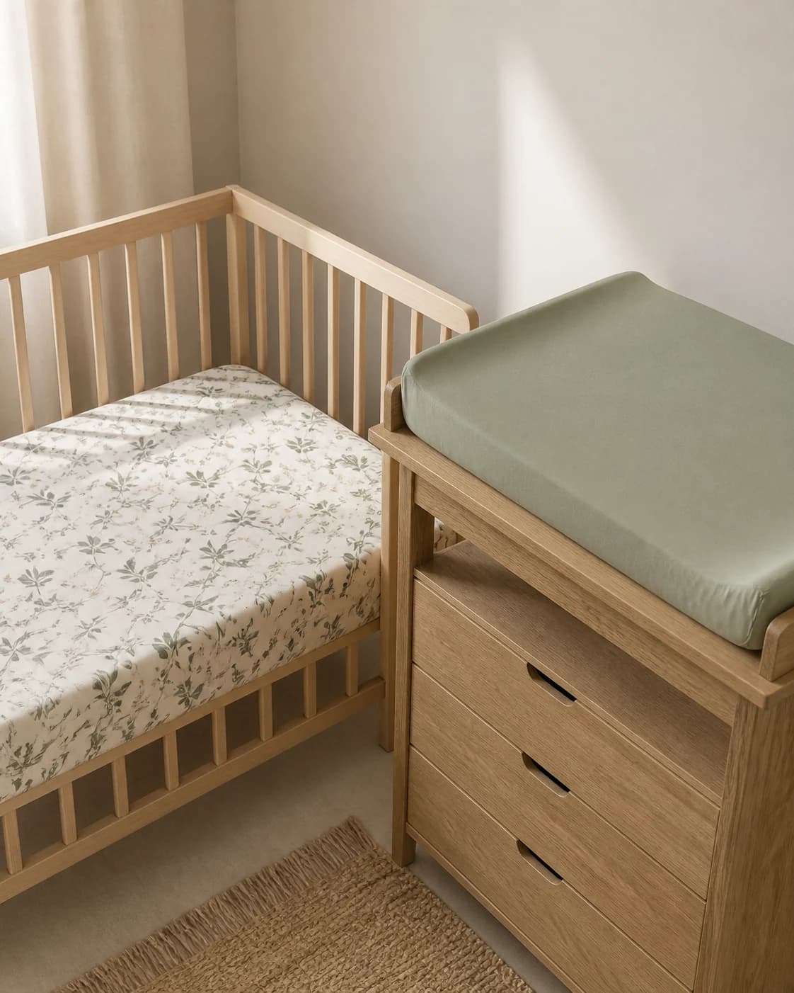 Fitted crib sheet and a separate changing pad cover