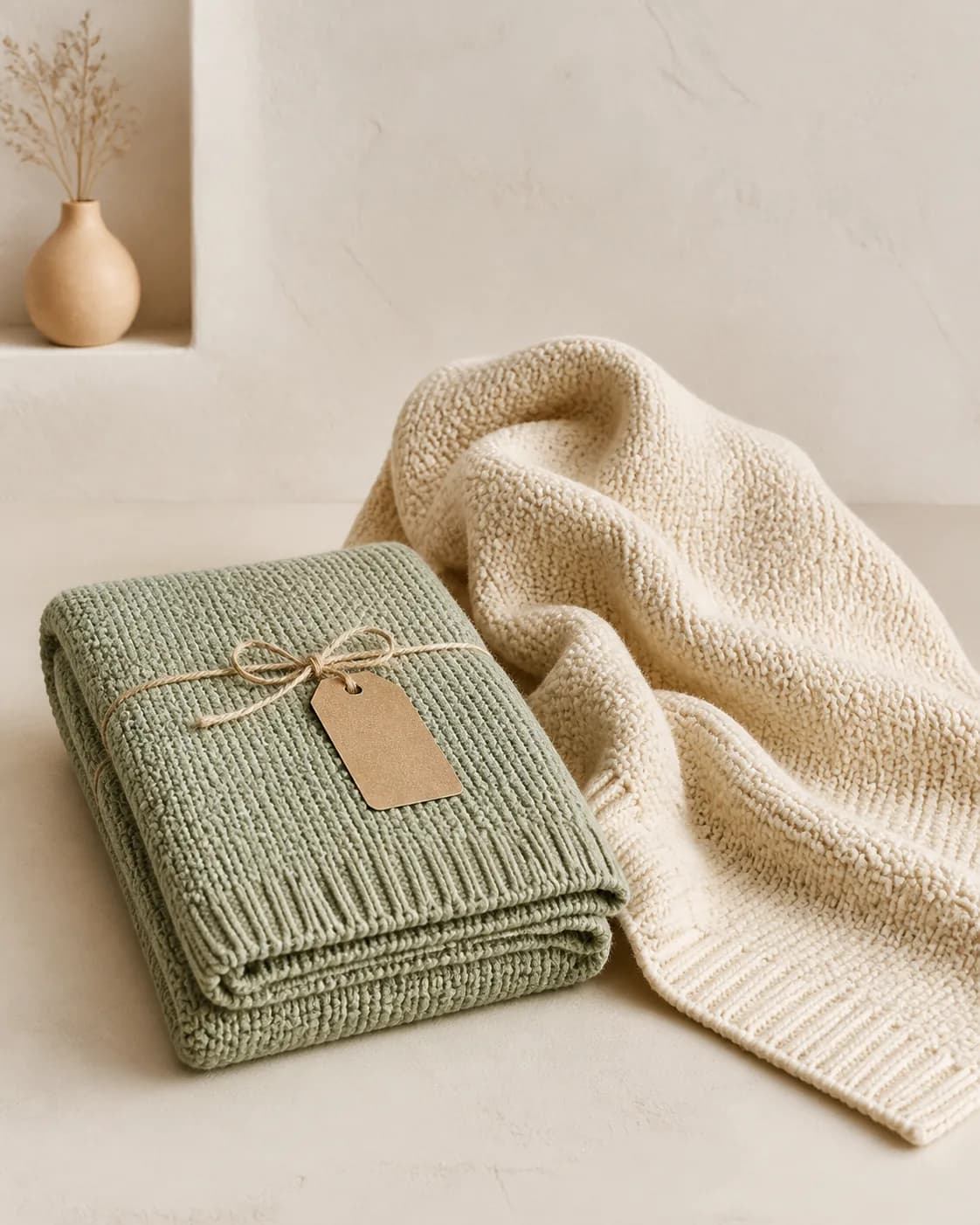 Sage and cream knitted baby blankets