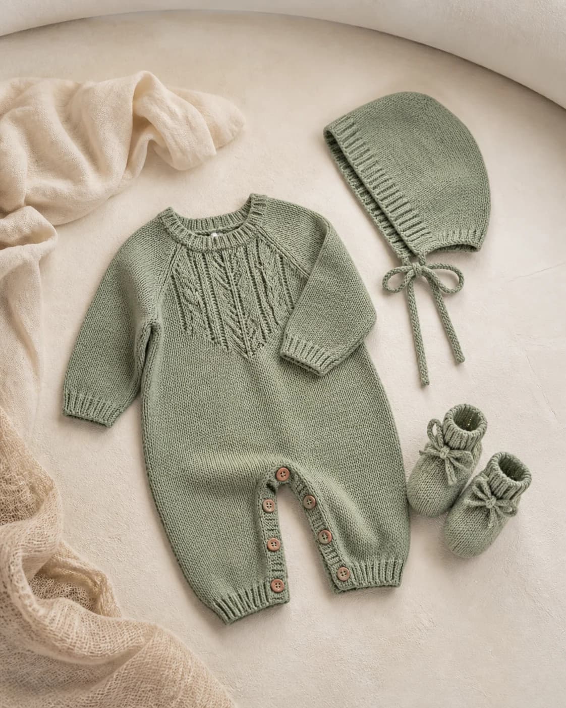 Sage knitted baby romper, bonnet and booties