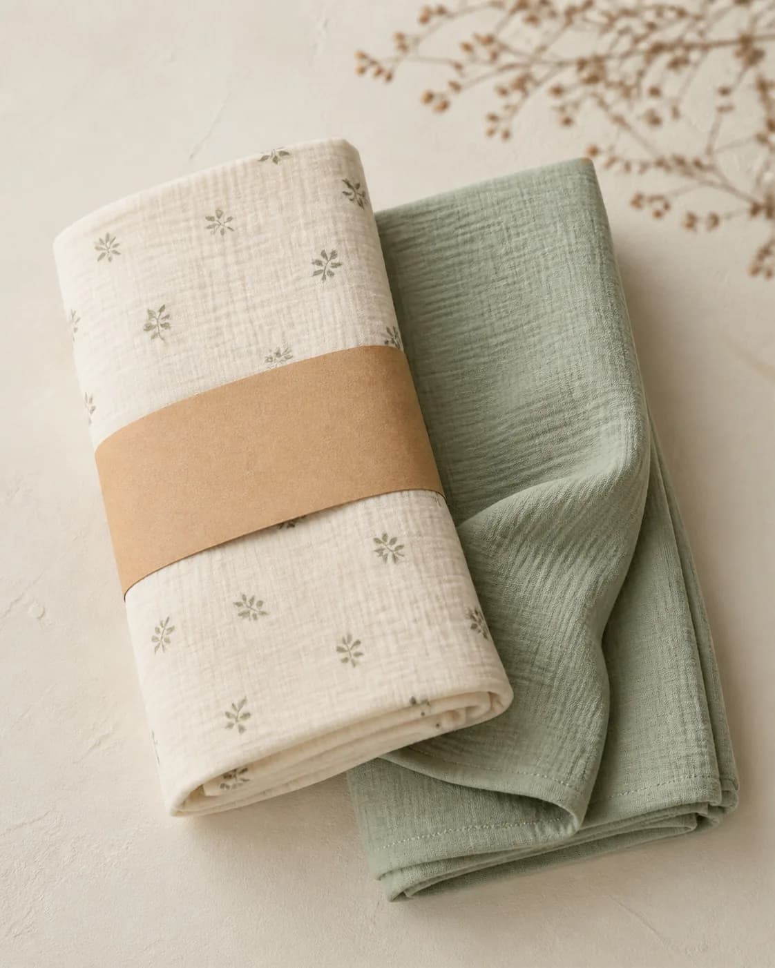 Cream botanical and sage muslin swaddles