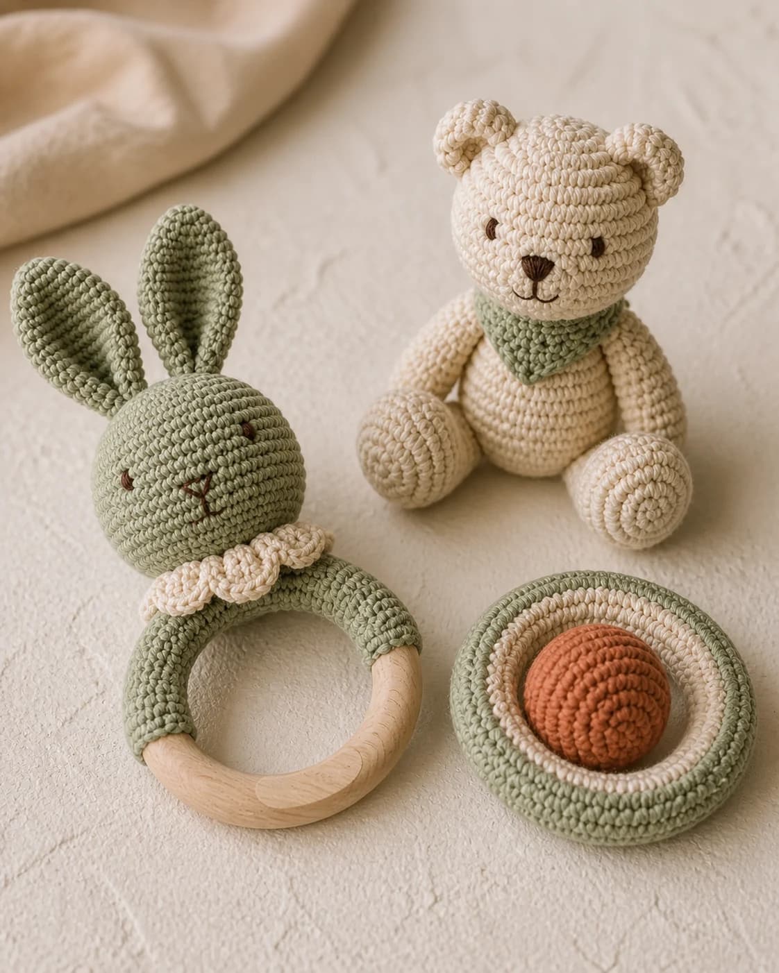 Close-up review of crochet baby toy materials and stitch details