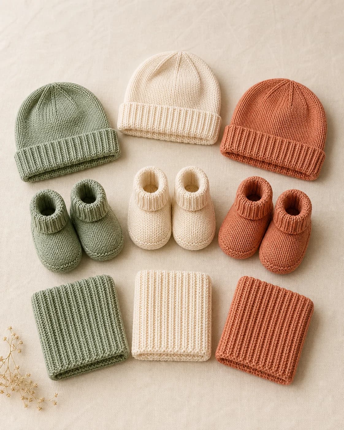 Coordinated knitted beanies and booties in sage, ivory and clay with knit swatches
