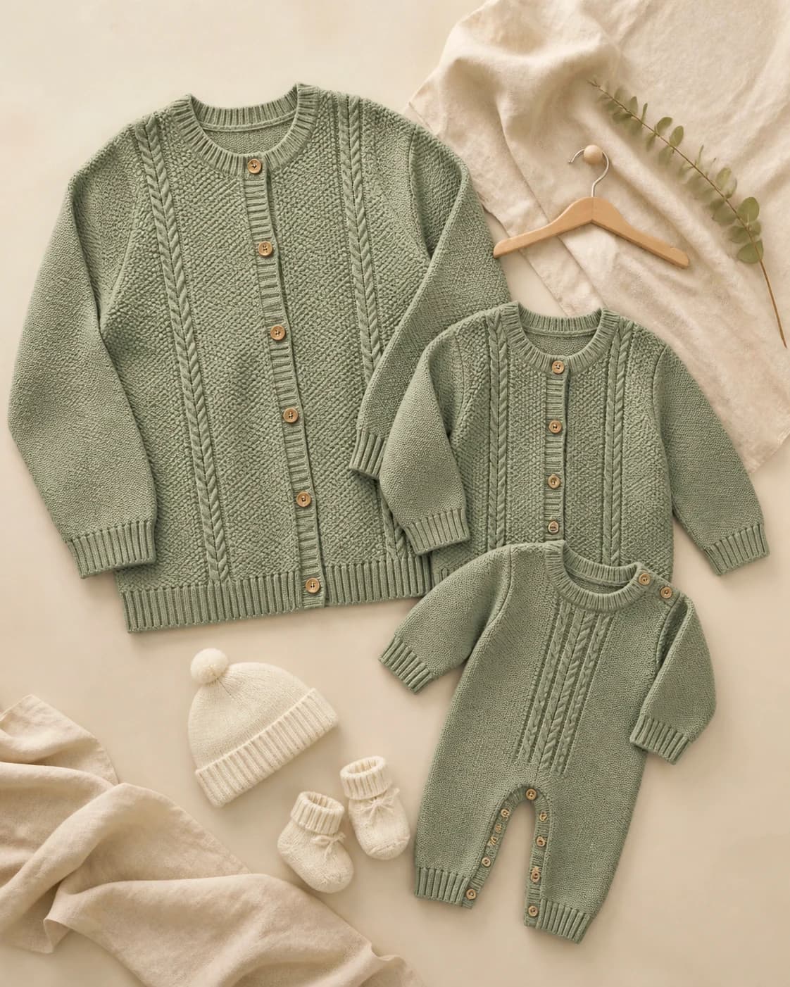Adult, child and baby knitwear arranged as a coordinated parent-child capsule