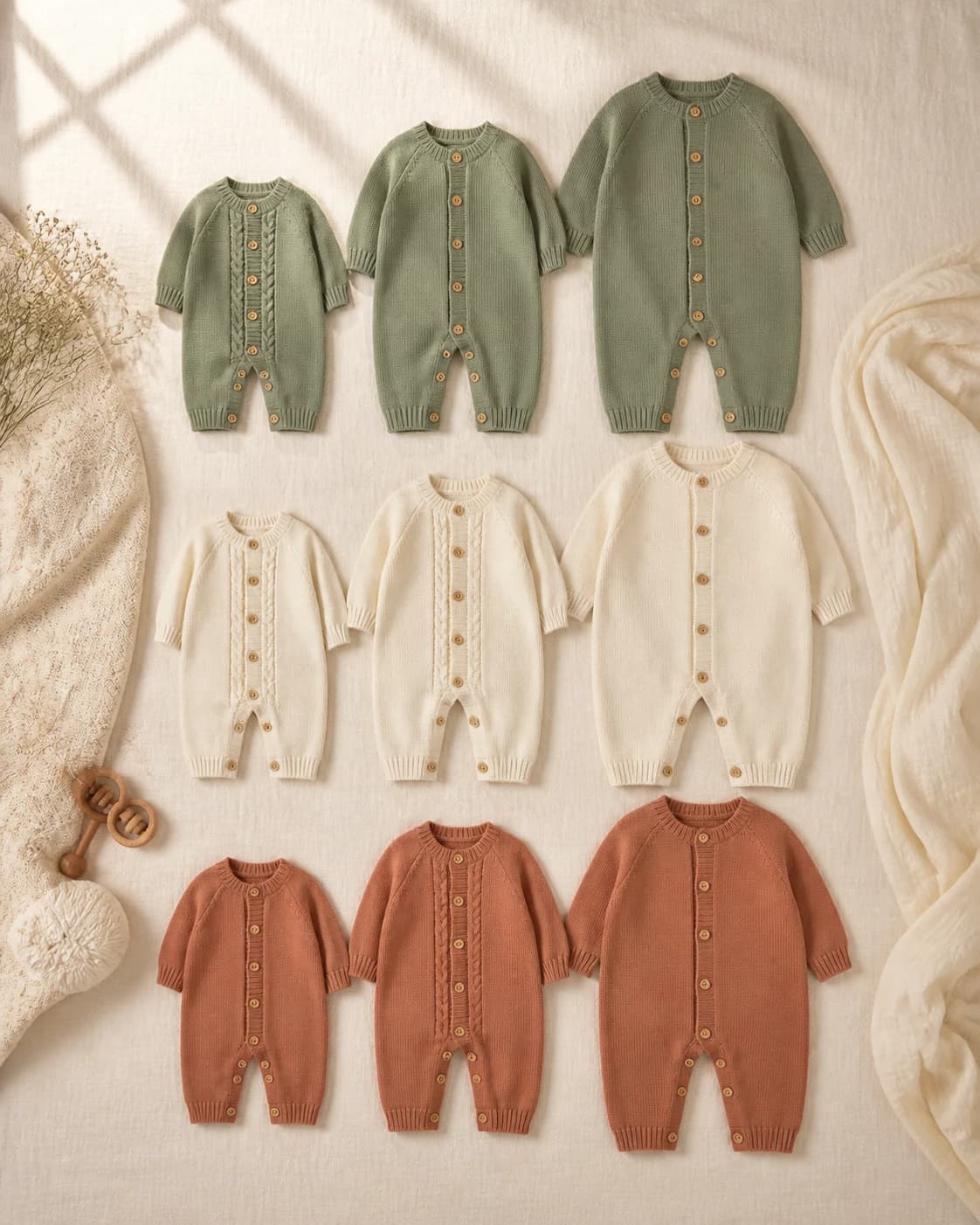 Coordinated baby knitted romper range in sage, ivory and clay with multiple constructions and sizes