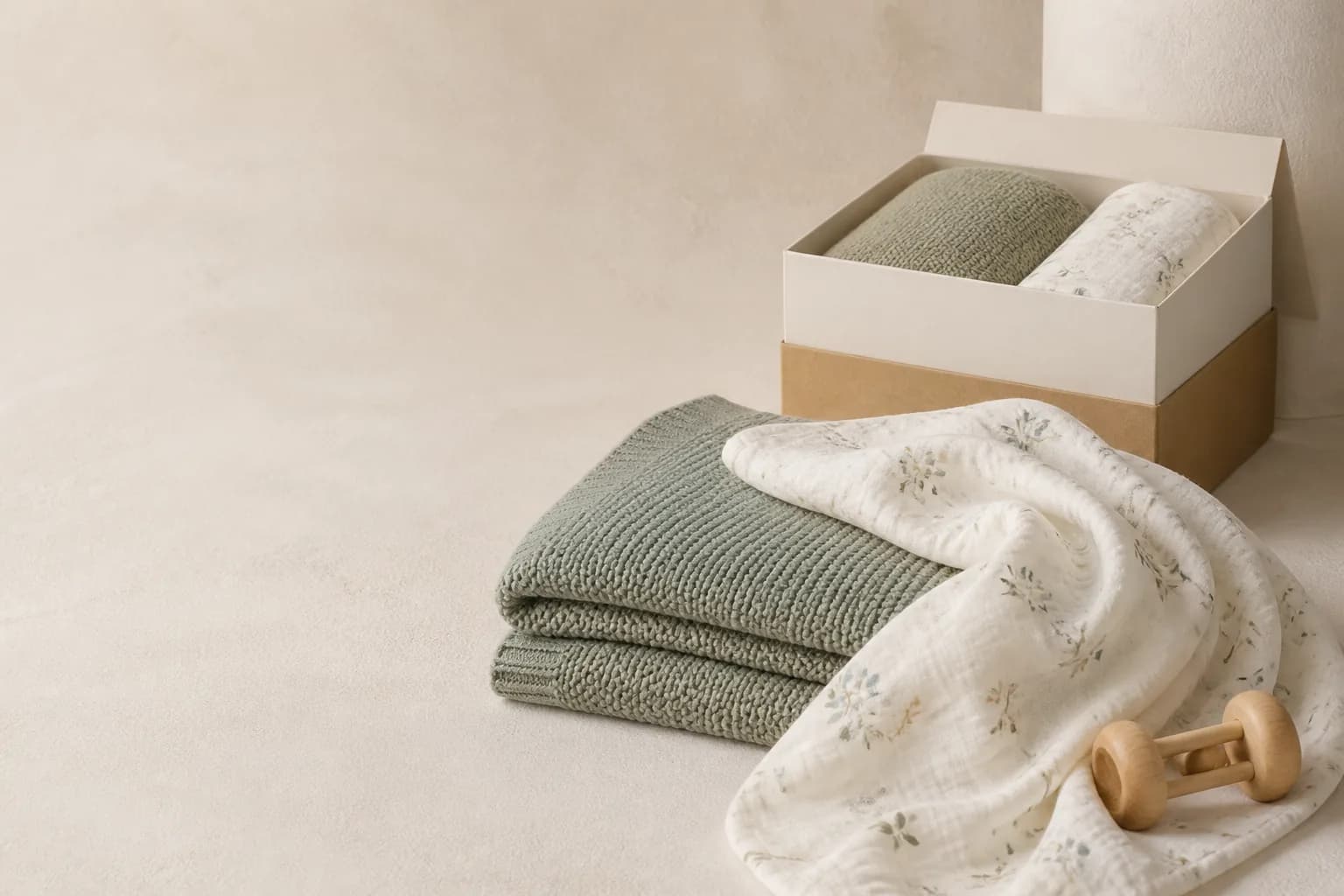 Muslin swaddle, knitted blanket and newborn gift box arranged as a coordinated collection