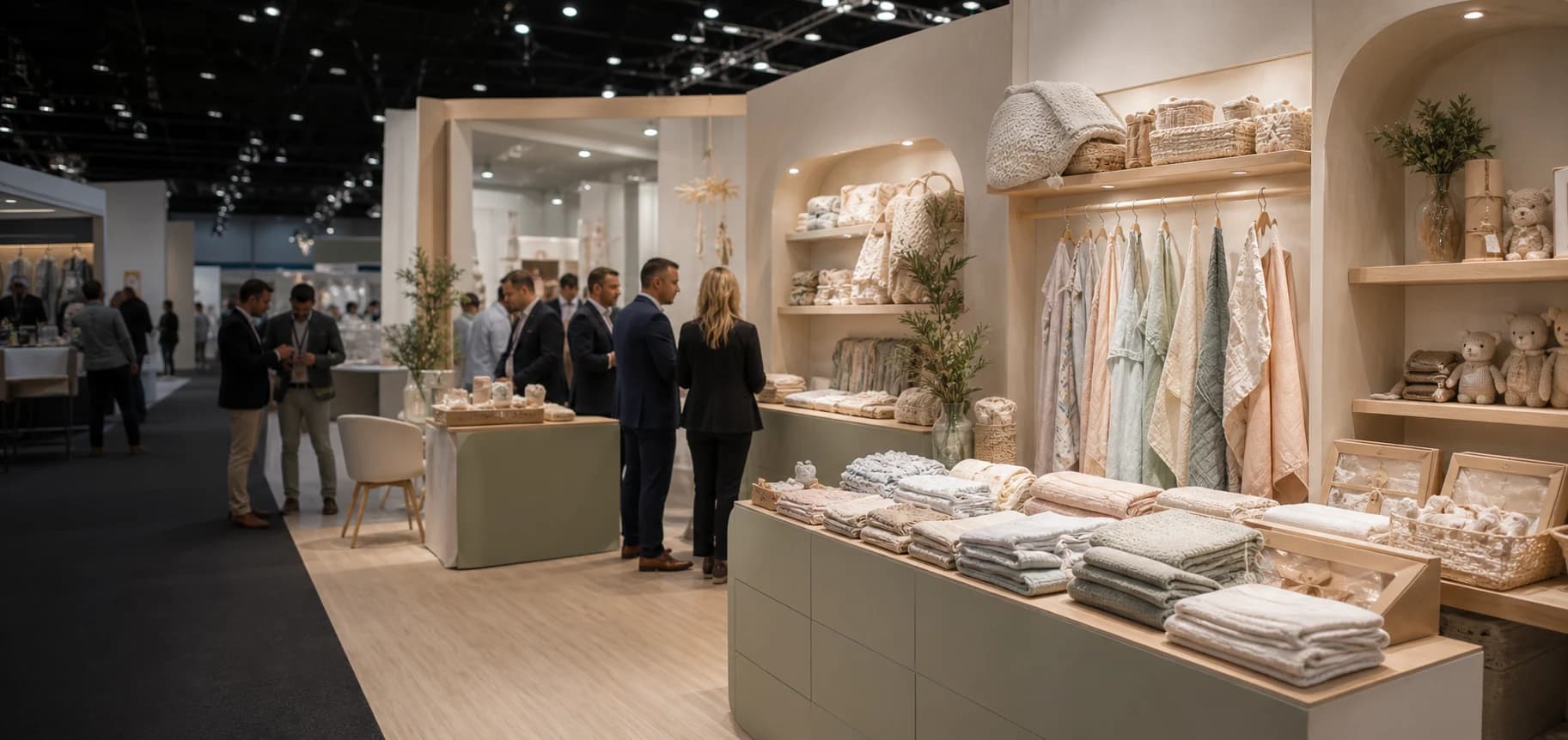 International buyers visiting a baby textile manufacturer's exhibition booth displaying muslin, knitwear, crochet toys and gift sets