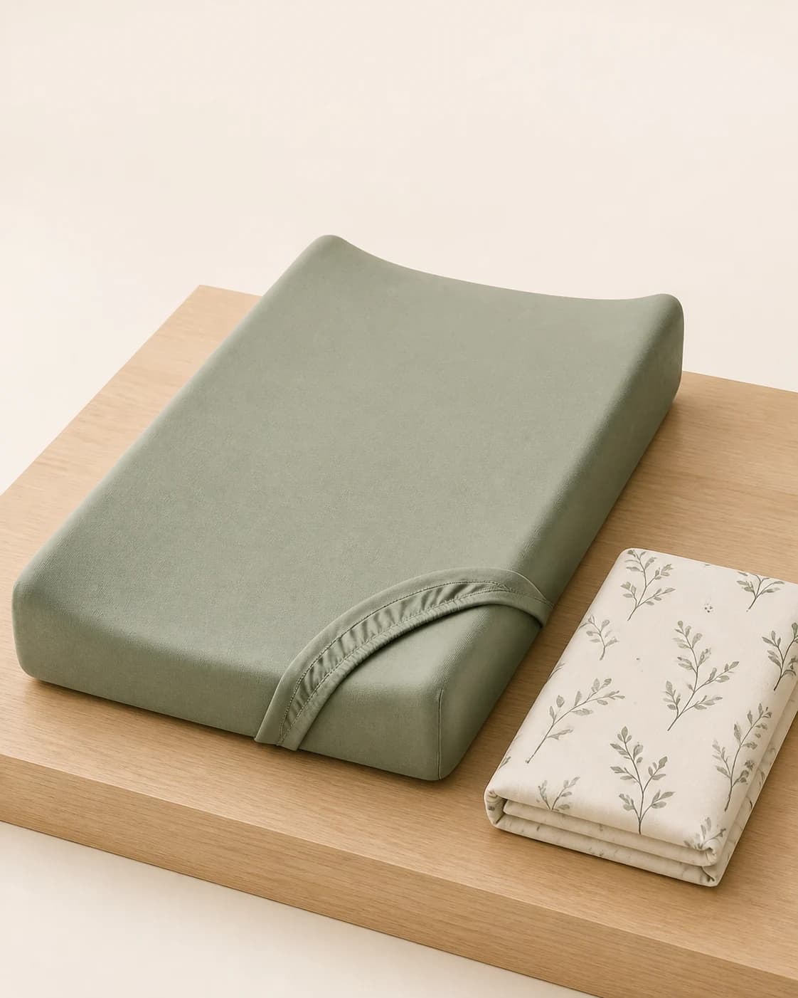 Sage fitted changing pad cover with a folded botanical alternative and visible edge construction