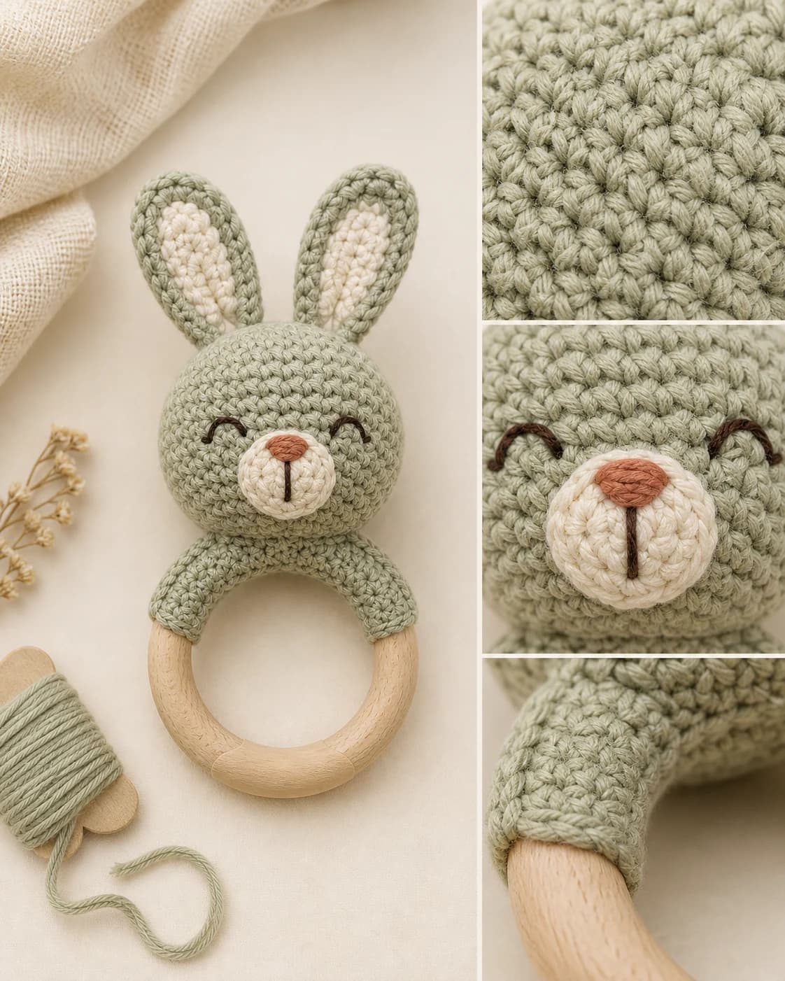 Crochet baby rattle development reference showing form, stitch and component decisions