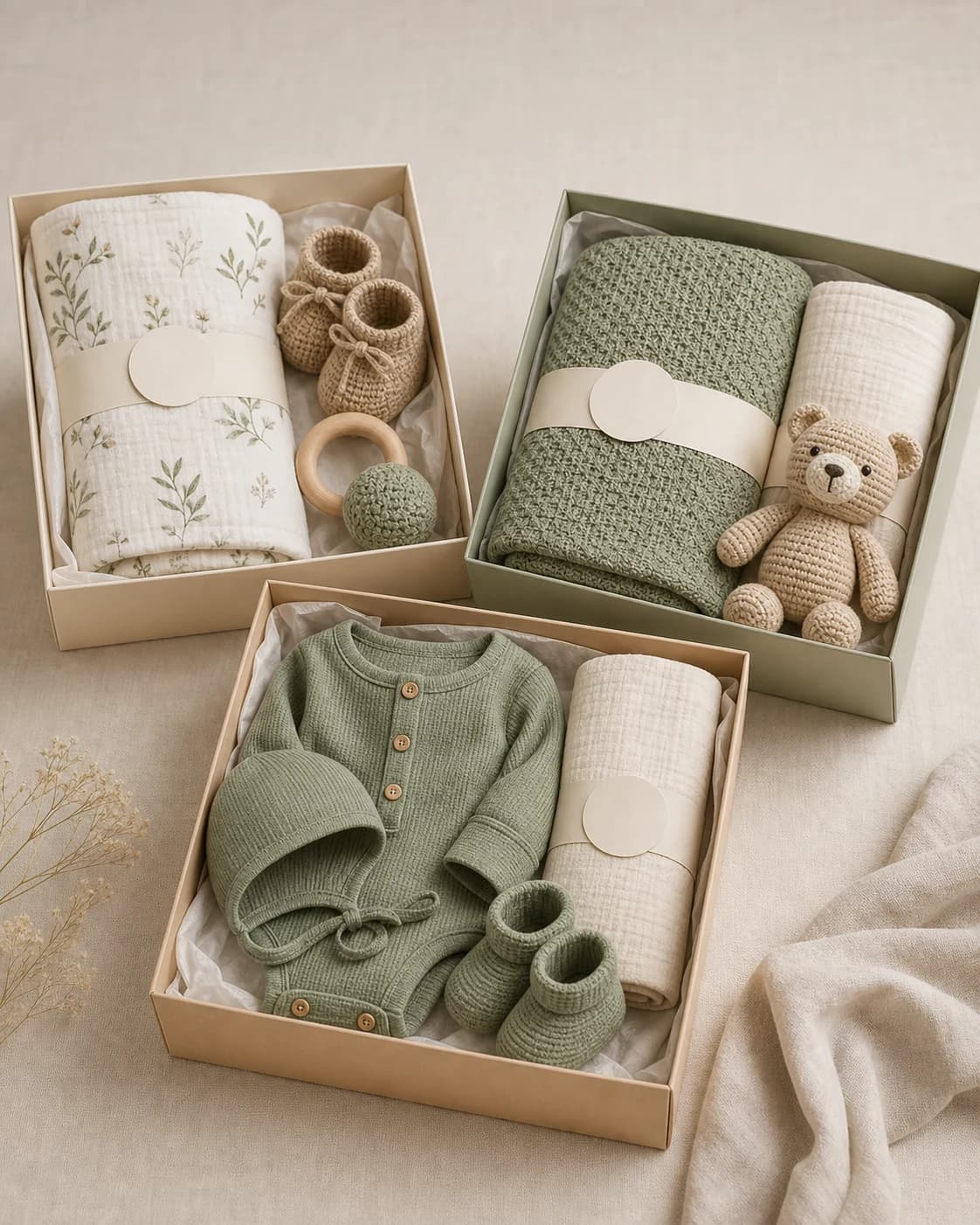 Three coordinated newborn gift-set structures developed for different product goals