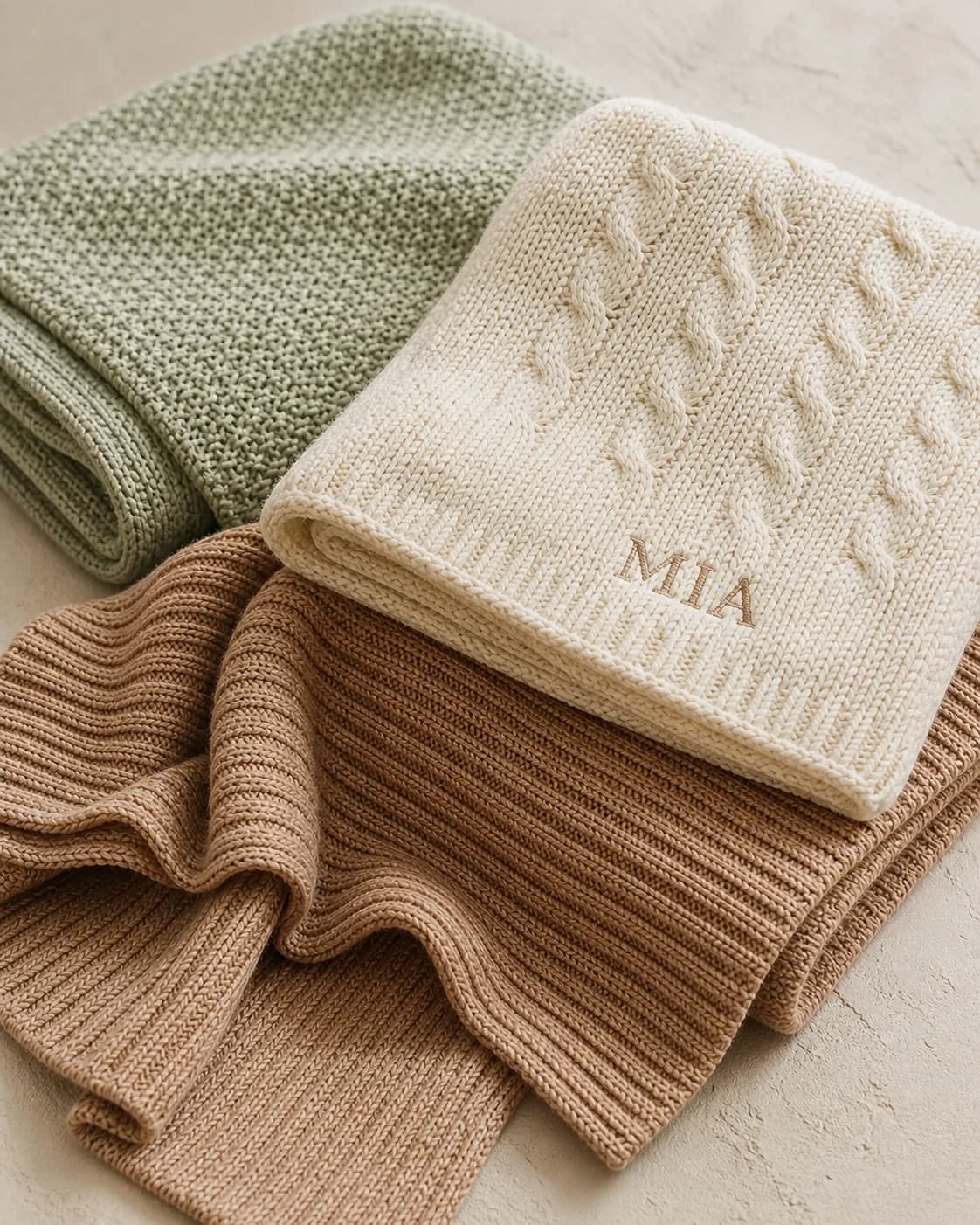 Knitted baby blankets showing texture, color and a retailer-side name-personalization direction