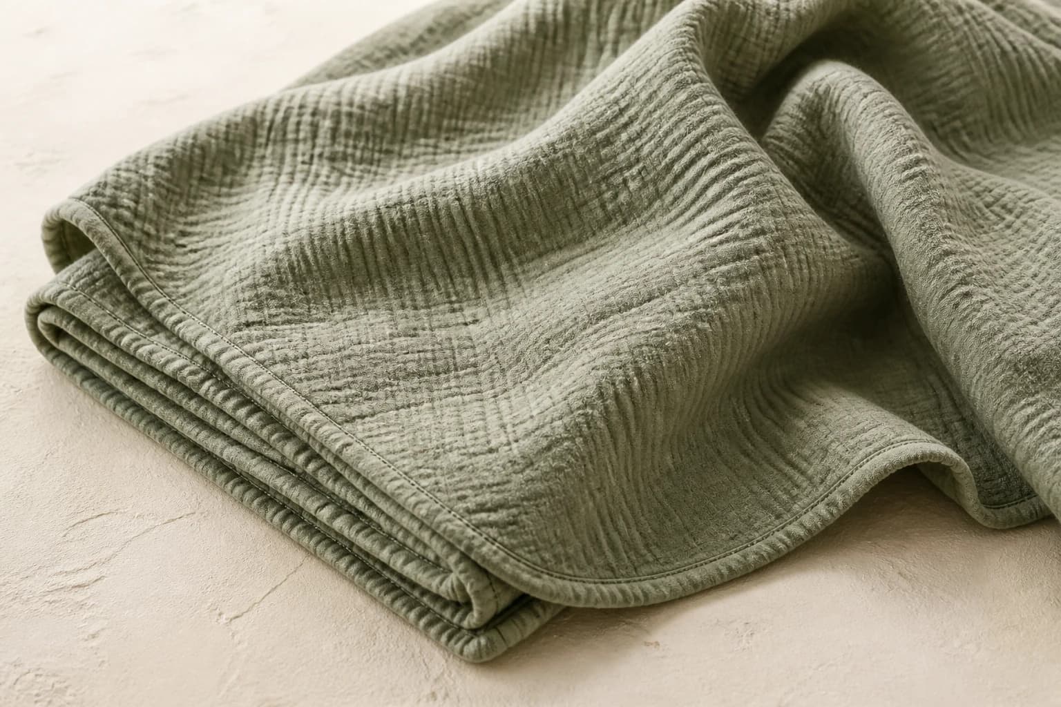Close-up of sage bamboo-cotton double-gauze muslin showing its soft crinkled weave, drape and stitched hem