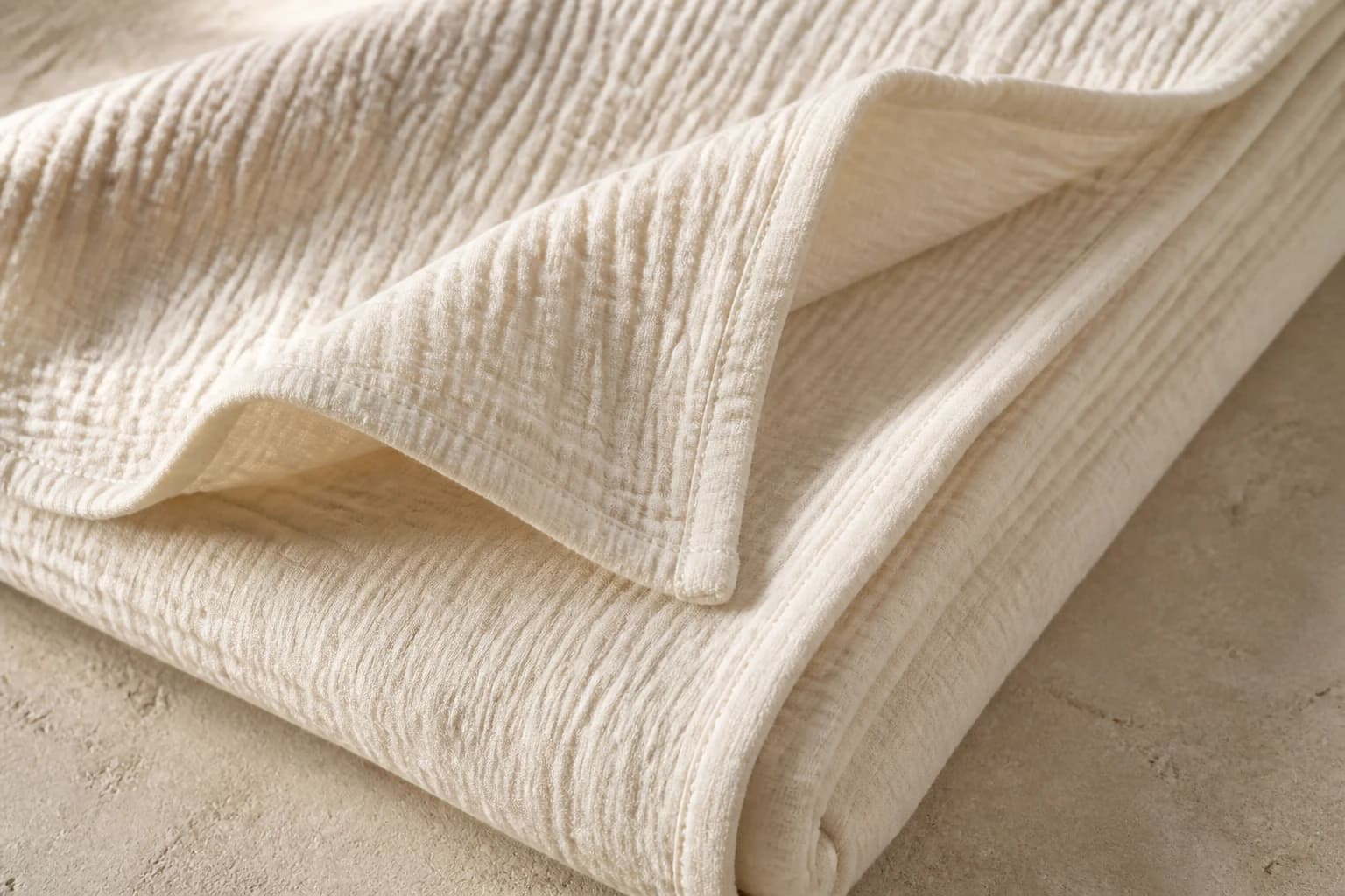 Close-up of natural ivory organic cotton double-gauze muslin showing its airy crinkled weave and stitched hem