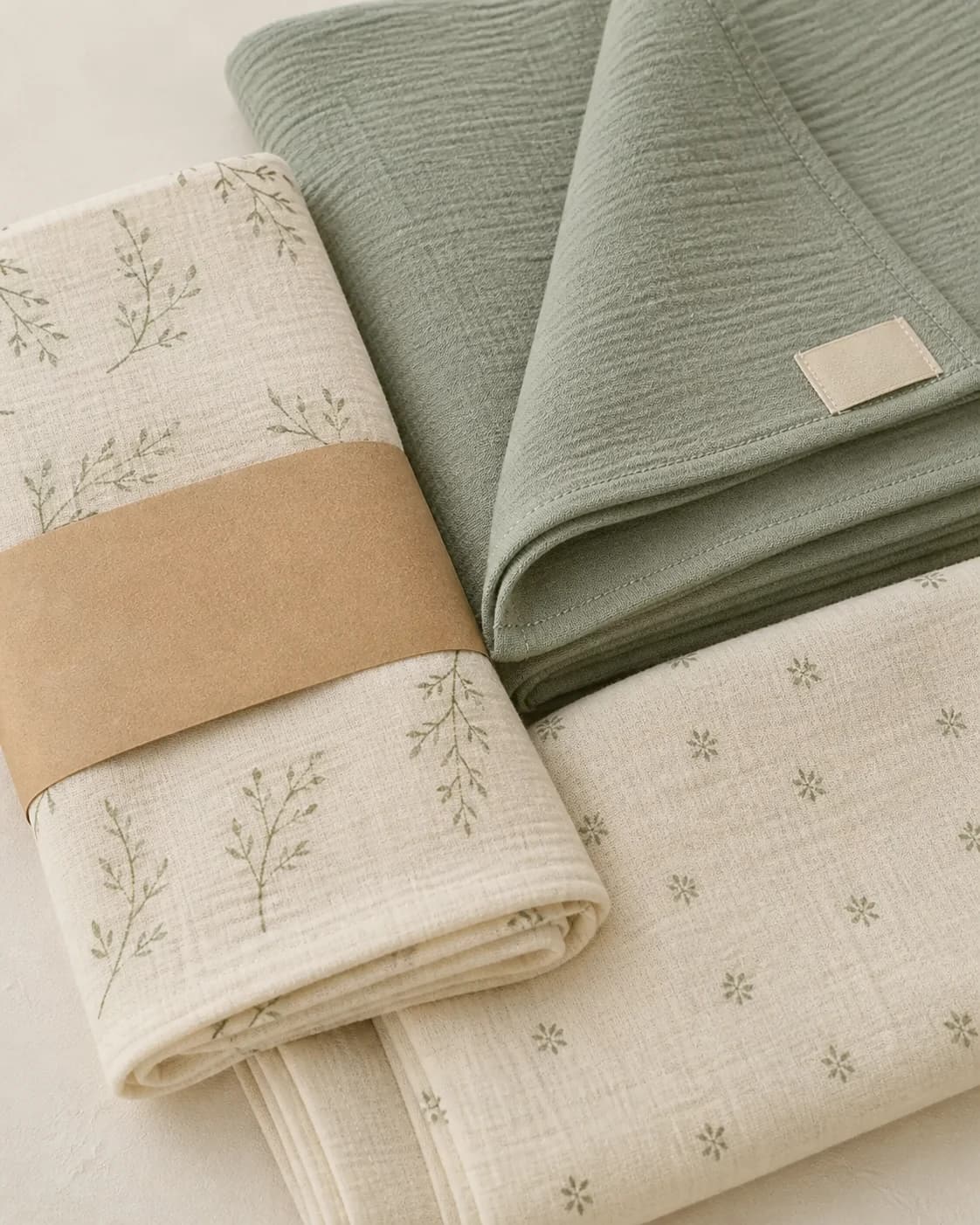 Muslin swaddle range showing botanical prints and coordinated solid colors